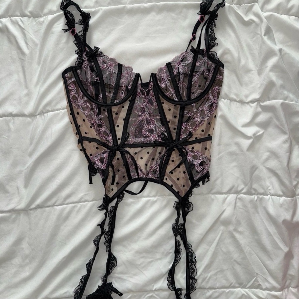 For Love & Lemons Sheer Lace Corset Bodysuit  with Pink and Black Accents Medium